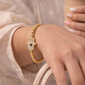 Gold Hamsa Beaded Bracelet with Pavé Eye - Women Jewelry